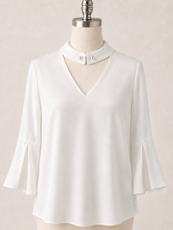 Splash Tops - NEW White Blouse V neck pearl brooch pin Medium night out 3/4 sleeves